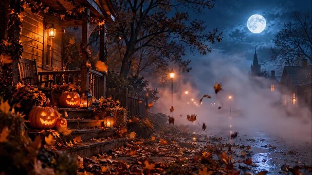 Halloween-decorated suburban street with jack-o'-lanterns glowing under moonlight on a foggy evening