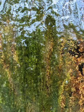 Close-up of clear water flowing over vibrant green moss and textured wall.