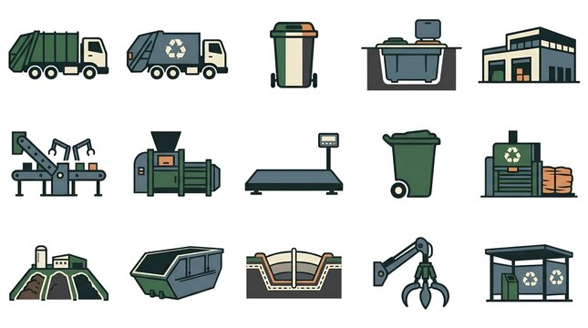 Illustrative vector icons for waste management and recycling, depicting garbage collection, disposal, sorting, and eco-friendly processing facilities and equipment