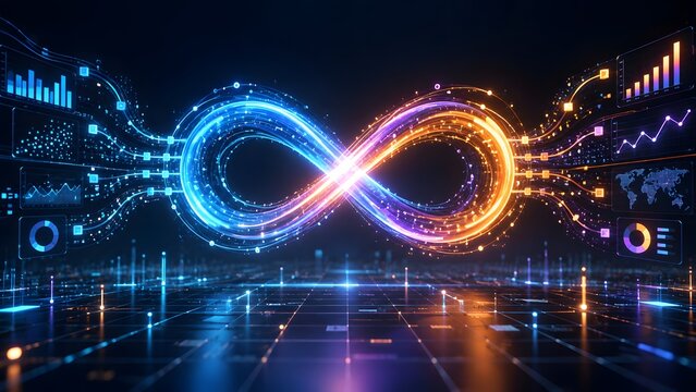 Digital infinity symbol with holographic data charts and graphs representing endless analytics