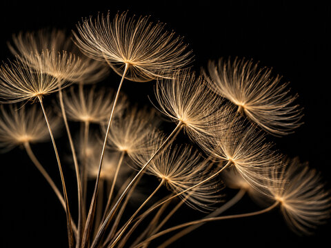 AI generated delicate golden seed heads glowing against deep black background fine radial filaments creating an elegant botanical texture abstract nature design
