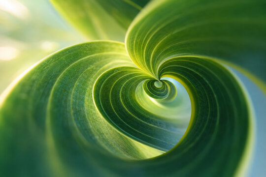 AI generated vibrant green curled leaf forming natural spiral fine veins soft depth creating an abstract botanical background organic texture growth fresh nature