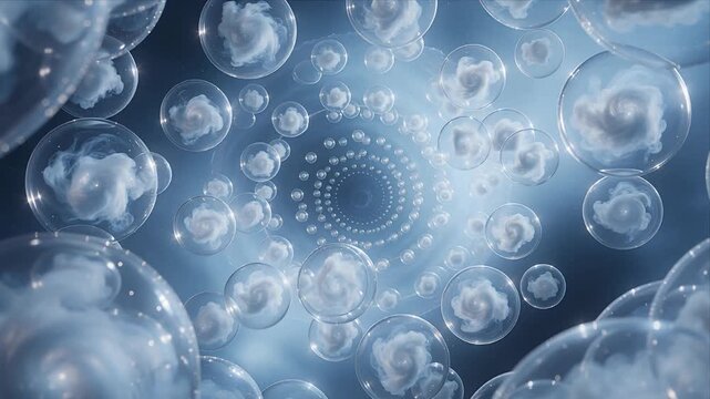 Abstract Blue Bubble Spiral with Translucent Sphere and Soft Cloud Forms, Creating Surreal Tunnel of Dreamy Depth and Calm Futuristic Atmosphere for Digital Design (169 characters)
