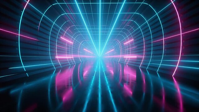 Neon Tunnel with Cyan Magenta Light, Futuristic Corridor, Geometric Arches, Reflective Floor, Glowing Grid Lines, Deep Perspective, Energetic Cyberpunk Digital Environment for Creative Media