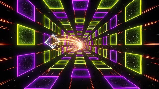 Neon Geometric Tunnel Perspective with Glowing Light Path, Futuristic Abstract Digital Background, Vivid Colorful Frames Creating Immersive Depth and Optical Illusion for Motion Design