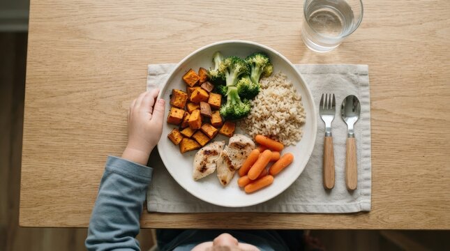Toddler boy eating a healthy balanced meal with chicken, sweet potato, broccoli, and rice at home