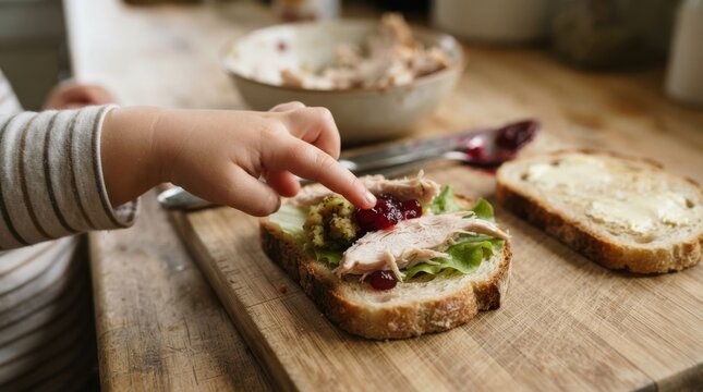 Toddler making turkey sandwich with cranberry sauce and stuffing on kitchen counter