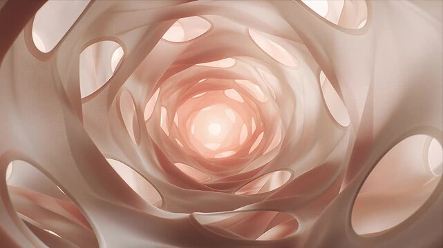 Abstract Organic Tunnel with Translucent Layered Curves, Geometric Spiral Pattern, Warm Pink and Peach Texture, Surreal Depth, Soft Luminous Motion, Futuristic Digital Art Background