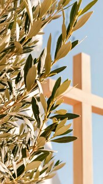 Vertical video-Olive branches beside wooden cross in Mediterranean sunlight