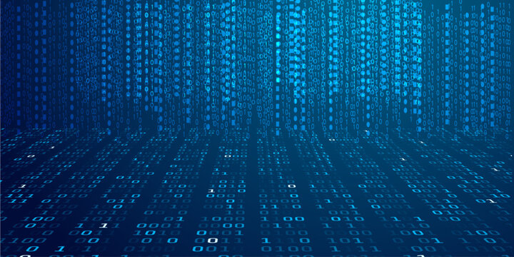 Cascading digital binary code waterfall on dark blue background representing big data processing.