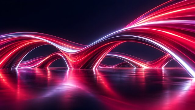 Abstract glowing neon arches and twisting light tubes on reflective dark surface representing digital energy flow