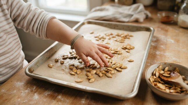 Young child spreading pumpkin seeds on a baking sheet to roast in a home kitchen