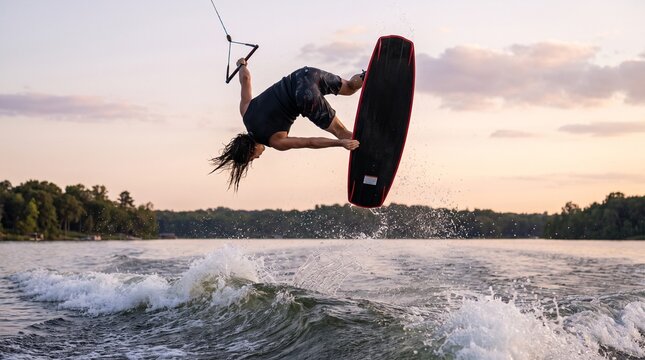 Man Wakeboarding in the Air Performing a High Jump Trick on a Lake at Sunset