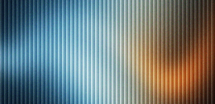 Industrial corrugated metal texture with blue and orange lighting. Abstract metallic background with vertical lines and ridges. Modern steel surface pattern for tech and automotive design.
