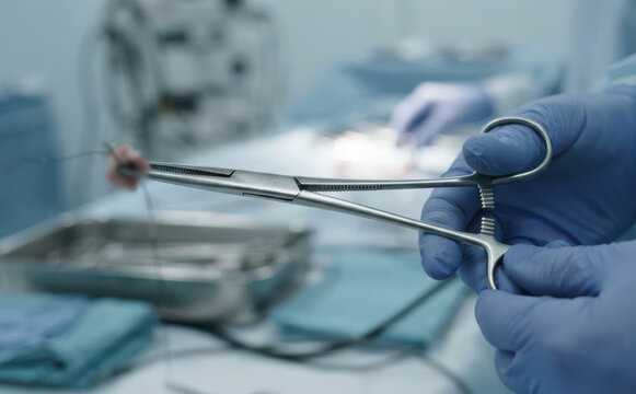 Surgeon holding medical forceps with suture thread in an operating room during a surgical procedure