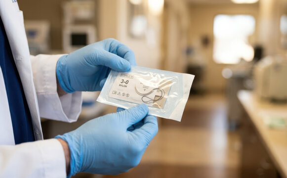 Medical professional holding a package of nylon surgical sutures in a hospital setting