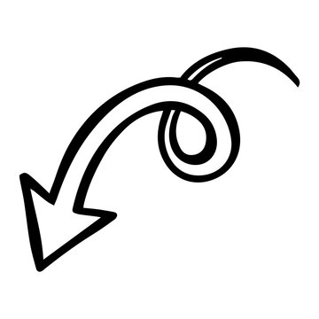 Black Hand Drawn Curved Arrow with Loop Doodle, Sketchy Directional Pointer Icon for Creative Design on Transparent Background