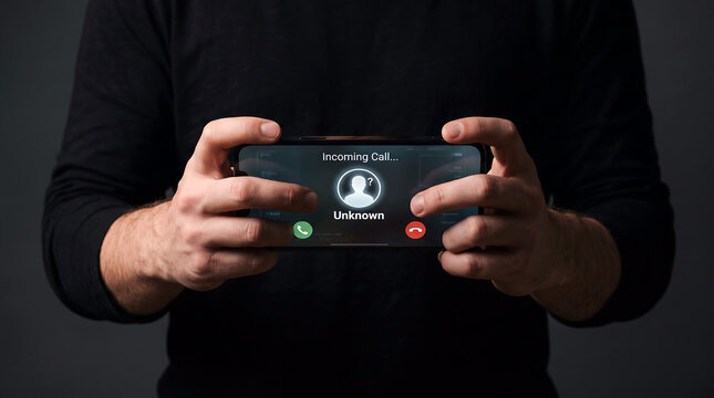 A person in a black sweater holding a smartphone displaying an incoming call from an unknown number with a question mark avatar on the screen