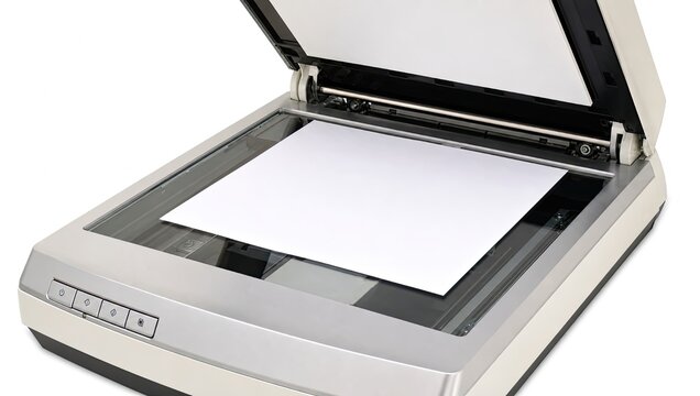 Flatbed scanner device with open lid, white paper, and silver buttons ready for document scanning and digital conversion.