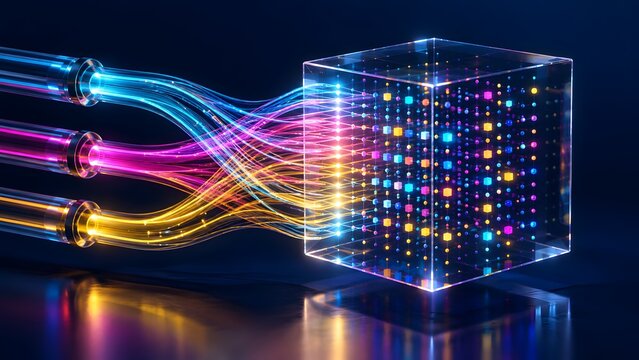 Fiber optic cables transmitting glowing light streams into transparent glass cube organizing digital data nodes