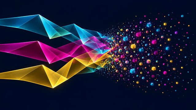Angular light beams transforming into scattered glowing data cubes representing digital information compression