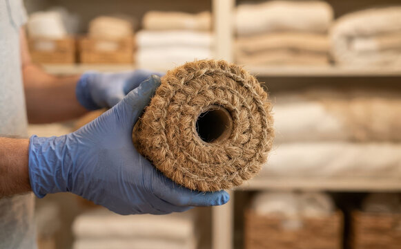Man wearing blue gloves holding a roll of natural coir fiber matting in a warehouse storage