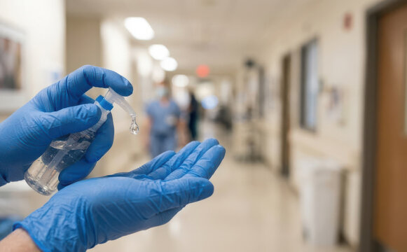 Medical professional wearing blue gloves applying hand sanitizer in a hospital hallway