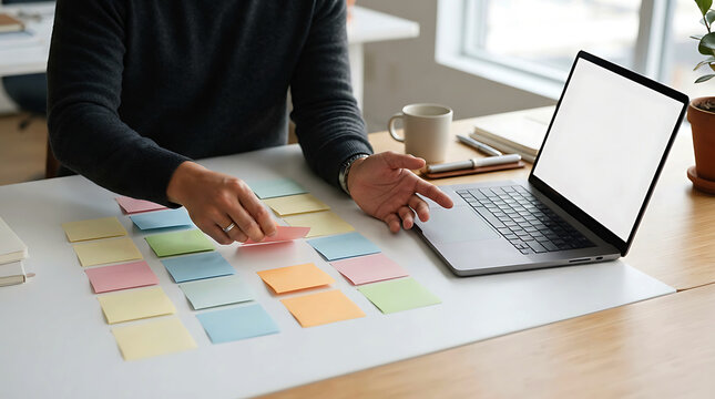 Person brainstorming with sticky notes at a desk with a laptop computer