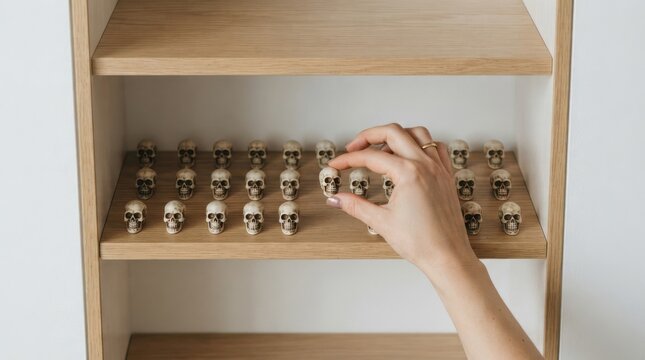Woman arranging miniature skulls on a wooden shelf representing collection and obsession
