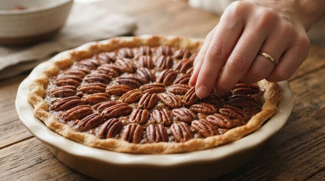 Woman arranging pecans on a freshly baked homemade pie for Thanksgiving dessert