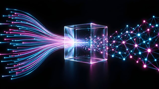 Glowing light streams passing through transparent glass cube organizing into structured digital network nodes