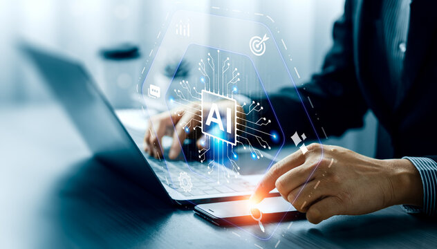 Artificial intelligence business concept with professional using smartphone and laptop showing virtual AI chip interface, automation workflow, analytics target and digital transformation