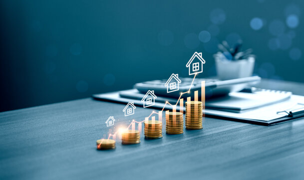 Real estate investment growth concept with stacked coins and rising financial chart showing property value increase, housing market performance, wealth building and mortgage planning