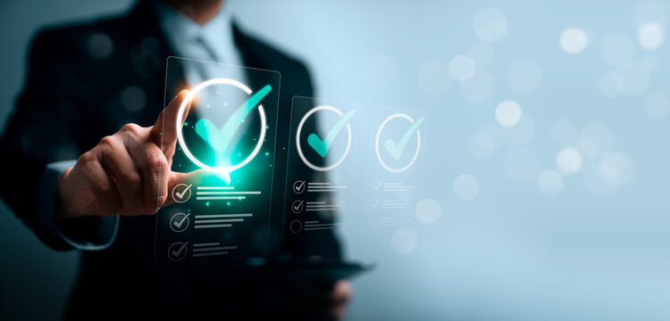 Digital compliance checklist concept with business professional touching virtual approval interface showing verification, audit, quality control and corporate workflow management