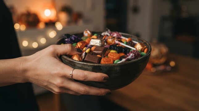Woman holding a bowl of Halloween candy and chocolates for trick or treaters at home