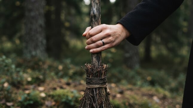 Close up of a witch hand holding a wooden broomstick in a dark forest representing magic and fantasy themes