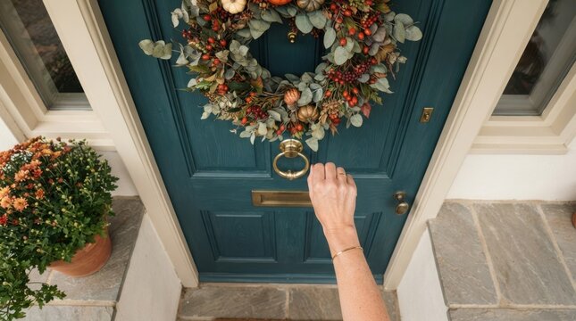 Woman knocking on a teal front door decorated with an autumn wreath for the fall season