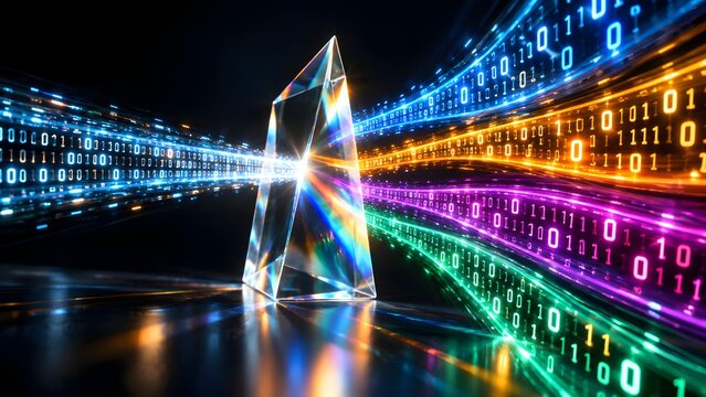 Glass prism refracting glowing binary code streams representing data processing and network encryption