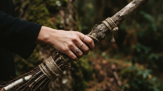Witch holding a handmade broomstick in a mystical forest for fantasy and magic concepts