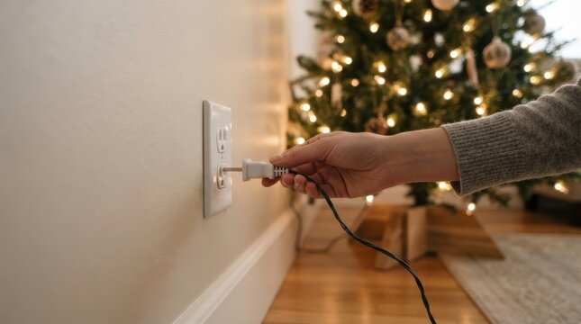 Woman plugging in Christmas tree lights into wall outlet at home during winter holidays