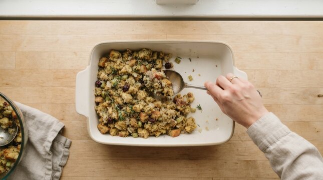 Woman serving homemade stuffing from a baking dish on a wooden table, holiday meal concept