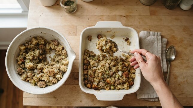 Woman serving homemade traditional stuffing from a baking dish into a bowl for a holiday dinner