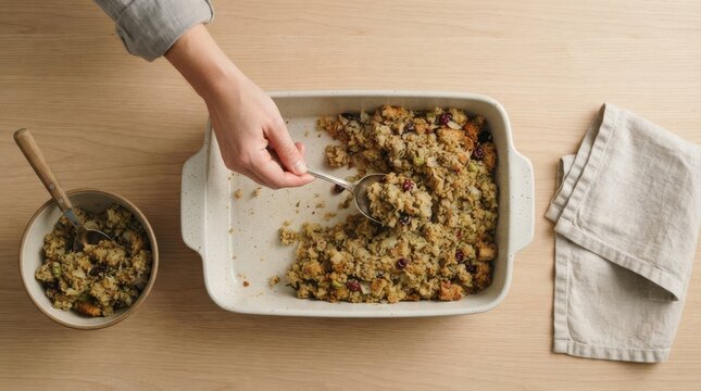 Woman serving homemade stuffing from a baking dish into a bowl for holiday dinner