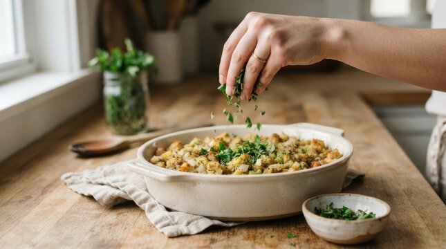 Woman seasoning homemade stuffing with fresh herbs in a baking dish on wooden kitchen counter