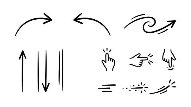 Hand Drawn Doodle Arrows and Clicking Hand Cursor Pointer Vector Set