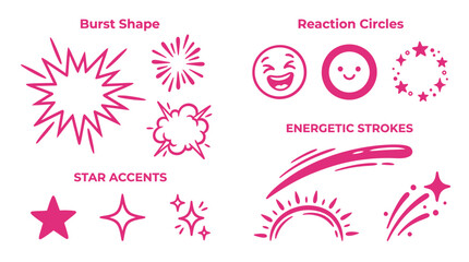 Fototapeta premium Set of Comic Burst Shapes, Star Accents, Reaction Circles, and Energetic Motion Stroke Vector Elements