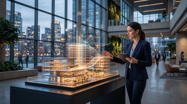 Businesswoman uses tablet to interact with smart building model displaying digital network and icons representing IoT technology