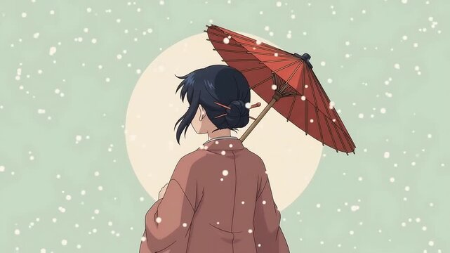 Anime girl seen from behind holding red wagasa umbrella on shoulder, falling snow, pastel mint background, seamless loop 2D cel animation, retro lo-fi winter aesthetic, faceless character