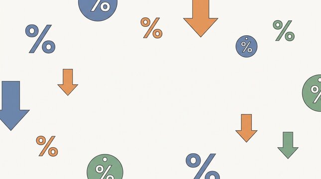 Percentage symbols and downward arrows in various colors on a light background representing financial decline or discounts