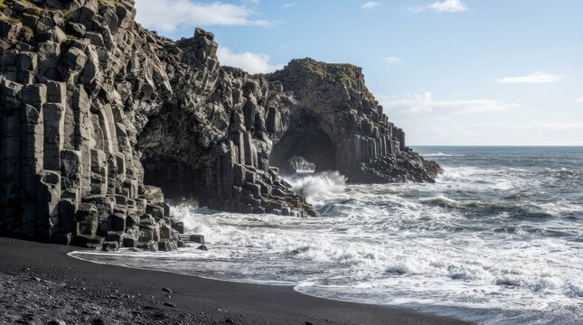 Dramatic black sand beach with basalt rock cliffs and ocean waves in Iceland.